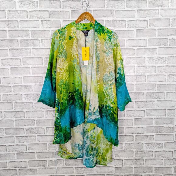 CITRON Santa Monica Women's 100% Silk long Kimono open blouse Green floral sz M - Picture 8 of 8